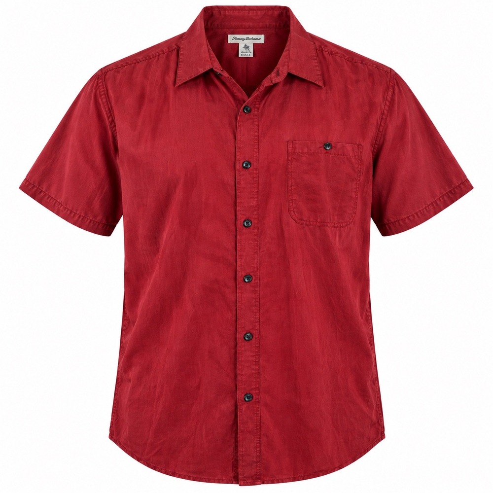 High Advantage Mens Shirt L 100% Silk Red Short Sleeve Button Down Casual
